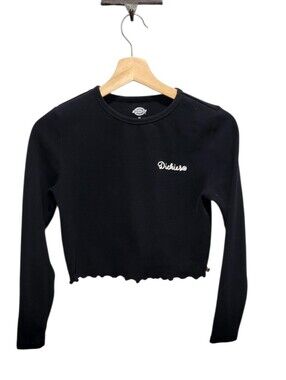 Dickies Black Ribbed Long Sleeve Crop Top Embroidered Logo Size Medium